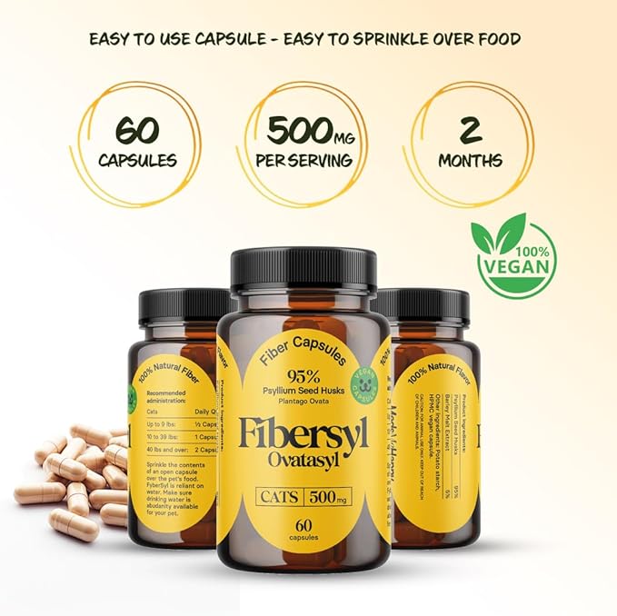 FiberSyl Ovatasyl Prebiotics for Cats Digestive Health - Cat Fiber Supplements for Constipation Relief & Support - Psyllium Husk Seed to Support Digestion Problems - Cat Stool Hardener - 60 Capsules-PurrikoPets