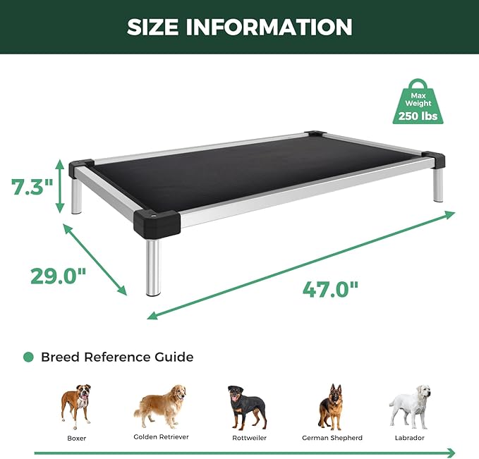 FXW TitanNest Chew-Proof Elevated Dog Bed, Raised Cot for Indoor/Outdoor/Camping Use, Durable & Washable Padded Pet Bed for Large Dogs, 47.0" L x 29.0" W x 7.3" H, Black-PurrikoPets