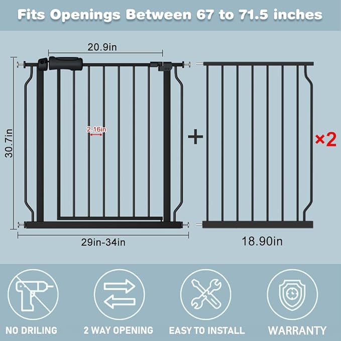Extra Wide Baby Gate 67-71.5 Inch Wide Walk Through Pressure Mounted Auto Close Large Long Tension Gate for Dog and Cats Black-PurrikoPets