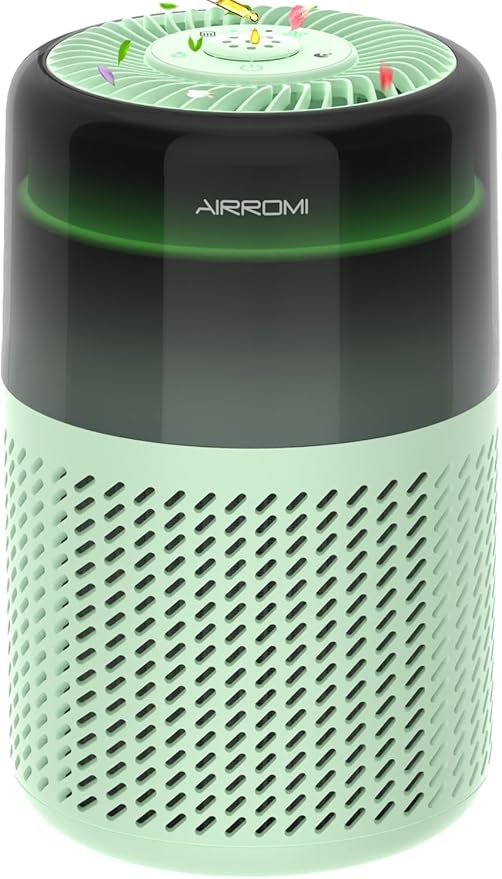 AIRROMI Air Purifier for Bedroom Home,HEPA Filter,Covers Upto 549 Ft²,Quiet 360°intake Air Cleaner with Fragrance ponge for Better Sleep,Night Light,Filters Smoke,Pet Dander,Allergies,Dust,A2005 Green-PurrikoPets