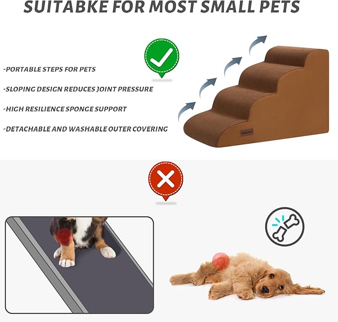 4-Step Dog Stairs and Ramp for Beds or Couches – Non-Slip Sturdy Pet Steps for Small Dogs and Cats,17.4" H,Brown-PurrikoPets
