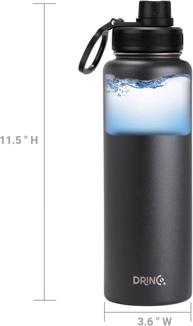 DRINCO Stainless Steel Water Bottle Spout Lid Vacuum Insulated Double Wall Water Bottles Wide Mouth (40oz 32oz 22oz 18oz 14oz) Leak Proof Keeps Cold or Hot (40 oz, 40oz Black)-PurrikoPets