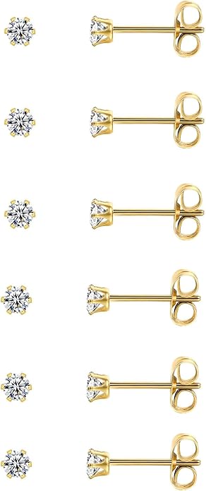 14K Gold Filled Polished Small CZ Pearl Ball Stud Earrings Set for Women Men 20G Surgical Steel Hypoallergenic Piercing Studs for Sensitive Ear, Pack of 6 Pairs
