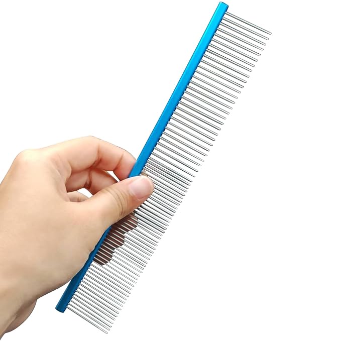 2 Pack Dog Combs with Stainless Steel Teeth Applicable to Cat Dog Comb Removing Tangles Easily Remove Dirt Grooming Anti-Slip Comfort Grip Handle （blue）-PurrikoPets