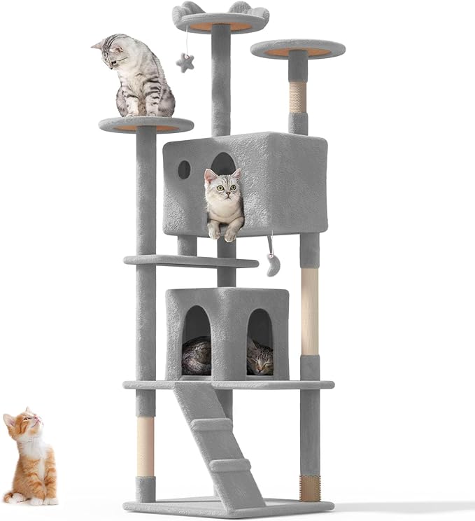 77'' Cat tree Tower for Indoor Cats Large Adult,Cute/Tall Modern Cat Tree for Big Cats 20 lbs,Plush Multi-Level Cat Condo with Scratching Posts,Dangling Ball for fun play(Light Gray, 77 inch)-PurrikoPets