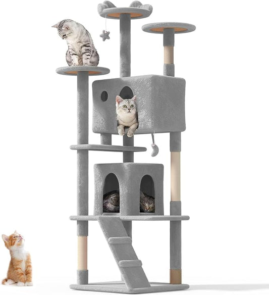 77'' Cat tree Tower for Indoor Cats Large Adult,Cute/Tall Modern Cat Tree for Big Cats 20 lbs,Plush Multi-Level Cat Condo with Scratching Posts,Dangling Ball for fun play(Light Gray, 77 inch)-PurrikoPets