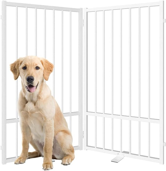 Full Metal Freestanding Dog Gate with Door, 36''Height Foldable Pet Dog Fence for Indoor & Outdoor, 2 Panels Extra Wide Free Standing TallDog Gates for Doorways,House,Stairs,Porch,Deck,Yard-PurrikoPets