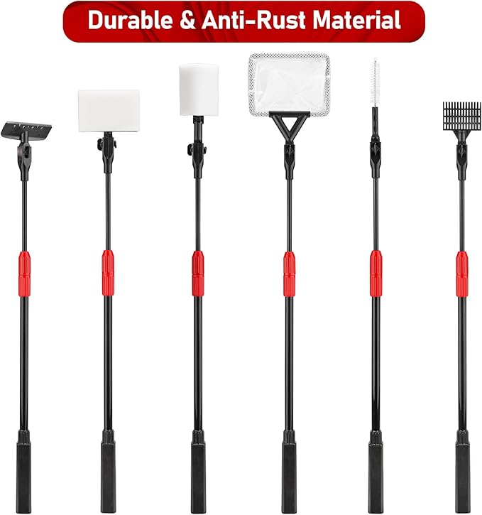 6 in 1 Aquarium Cleaning Tool Kit Fish Tank Algae Scraper, Sponge Pad, Fish Net, Gravel Rake and Cleaning Brush with Telescopic Long Handle-PurrikoPets