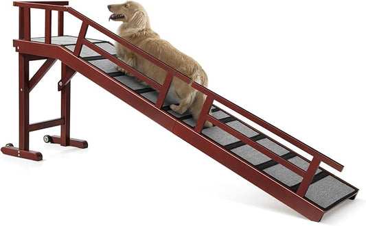 Dog Ramp for Bed or Couch, Wooden Pet Ramp with 20° Gentle Slope, Removable Side Rails, Non-Slip Surface, Top Platform & Wheels, Safe Bed Ramp for Small, Medium & Senior Dogs, 74" Long, Mahogany-PurrikoPets
