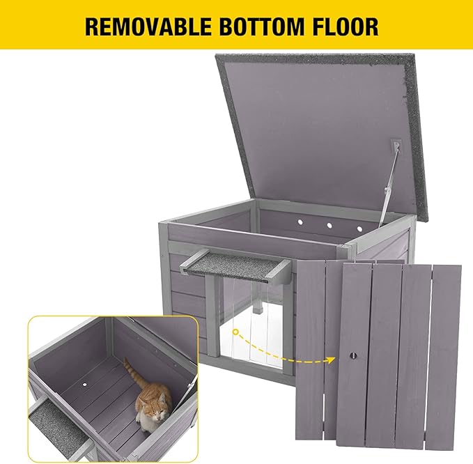 Aivituvin Cat House Waterproof Feral Kitty Shelter Outdoor Indoor Rabbit Hutch for Bunnies,Cats,Dogs and Other Small Animals,Asphalt Roof-PurrikoPets