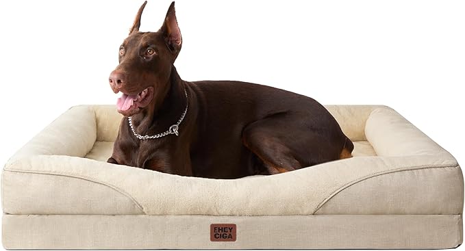 EHEYCIGA Memory Foam XL Dog Bed for XLarge Sized, Extra Large Orthopedic Dog Sofa with Sides and Waterproof Liner, Washable Bolster Pet Couch with Removable Cover, 48x35x7.5 Inch, Beige-PurrikoPets