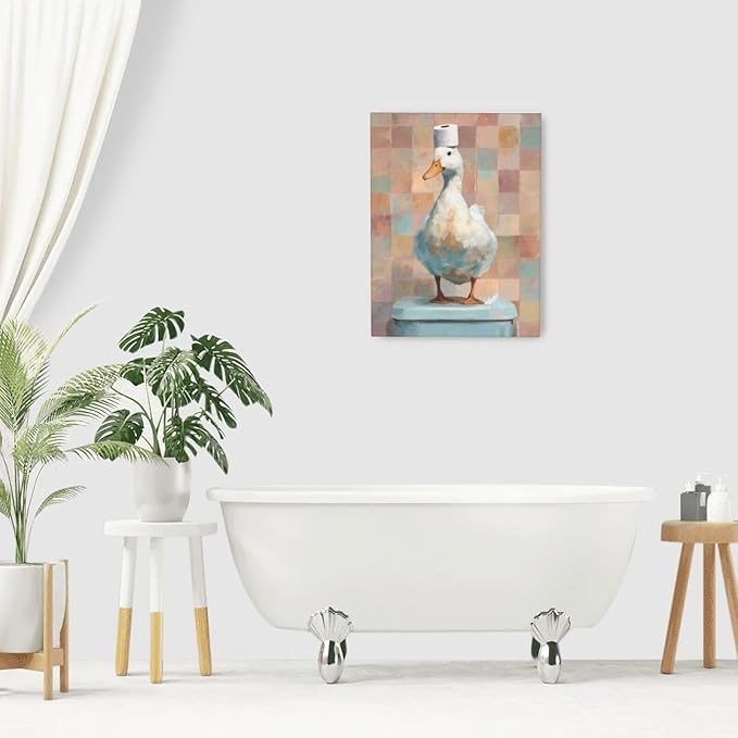 Funny Duck Bathroom Wall Art Cute Duck on Toilet Canvas Wall Decor Funny Quirky Farm Animal Pictures Painting Print Framed Artwork Decorations Gifts for Bathroom 12"x16"-PurrikoPets