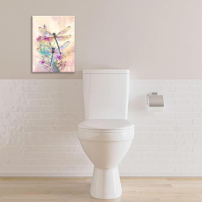 Dragonfly Bathroom Pictures Wall Art, Floral Bathroom Wall Decor, Framed Painting Canvas Artwork for Bedroom Living Room Decorations 20"L x 16"W-PurrikoPets