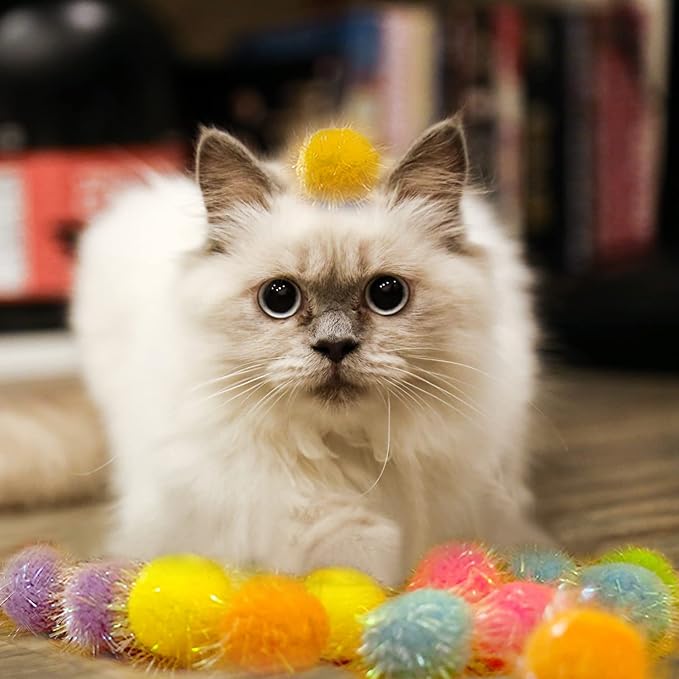 30 Pieces 1.6 inches Sparkle Pom Pom Balls for Cat - Interactive Glitter Balls, Multicolor, Best as Kitten Play Toys-PurrikoPets