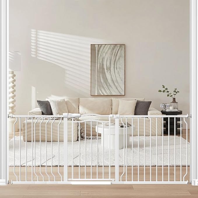 Extra Wide Dog Gate for Doorways 72-81.5 in, Walk Through Long Baby Gates for Large Openings, No Drill Child Safety Gate for Pets Kids Toddler, Doggy Barrier Indoor Metal, 30" Tall White-PurrikoPets