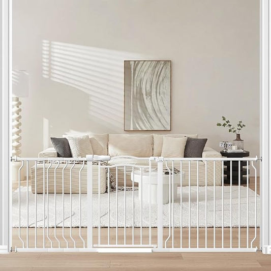 Extra Wide Dog Gate for Doorways 72-81.5 in, Walk Through Long Baby Gates for Large Openings, No Drill Child Safety Gate for Pets Kids Toddler, Doggy Barrier Indoor Metal, 30" Tall White-PurrikoPets