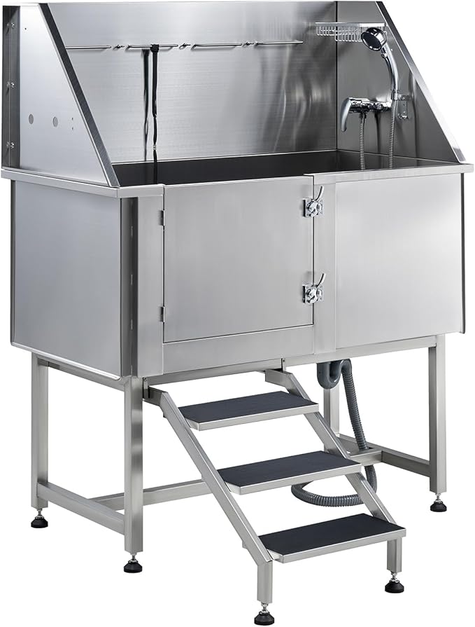 Albott 50-Inch Stainless Steel Dog Washing Station with Anti-Slip Steps, Sprayer, Faucet, and Soap Box – Professional Pet Bathtub for Medium/Small Pets, Ideal for Home, Garage, and Grooming(Left)-PurrikoPets