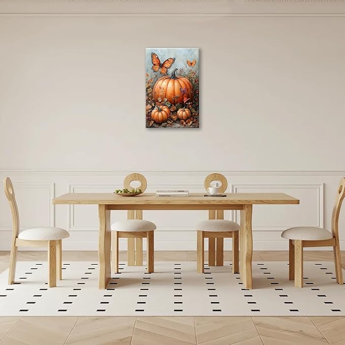 Fall Pumpkin Pictures Wall Art, Rustic Thanksgiving Bathroom Wall Decor, Farmhouse Autumn Butterfly Framed Painting Canvas Artwork for Harvest Gift Bedroom Living Room Decorations 24"L x 16"W-PurrikoPets