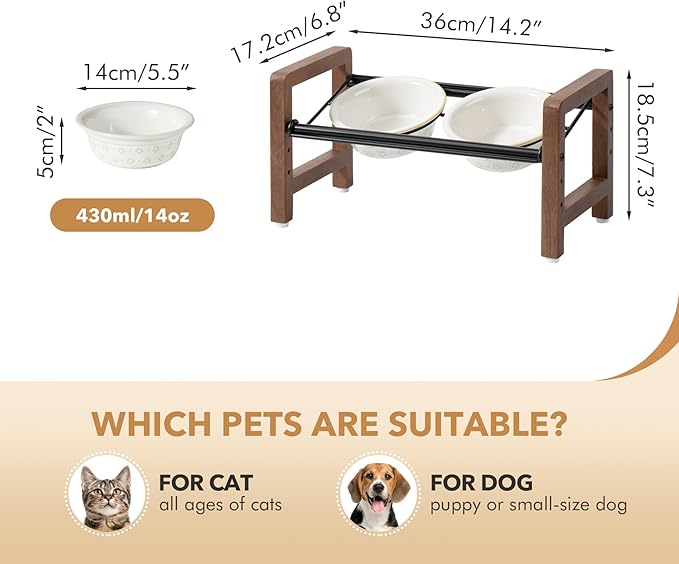 5.5inch Ceramic Adjustable Raised Double Bowls Set with Stand, 3 Heights Elevated, 2 Placement Options,Food and Water Dishes for Puppy, Cats（Double Bowls+Stand, Reactived Glaze -White-PurrikoPets