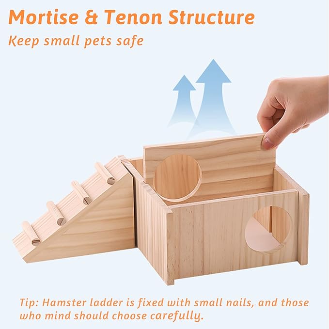 Fhiny Wooden Hamster Hideout for Small Animal, Gerbils Chamber Hut with Ladder Habitats Decor, Maze Climbing Toys for Dwarf Syrian Hamsters Mice and Other Small Pets-PurrikoPets