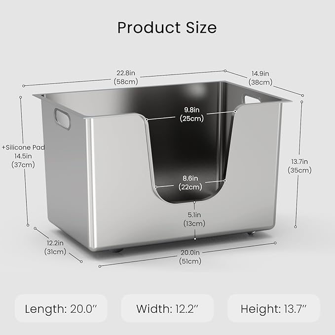 Enclosed Stainless Steel Cat Litter Box 13.8” High Sides, Extra Large Litter Box for Big Cats, XL Metal Kitty Litter Pan Pet Toilet with Wheels for Easy Mobility, Anti-Leakage, Non-Sticky, Easy Clean-PurrikoPets