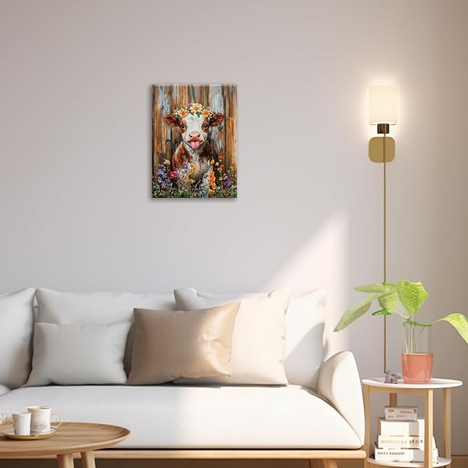 Funny Cow Bathroom Pictures Wall Art, Rustic Brown Cute Cow Bathroom Wall Decor, Farmhouse Floral Framed Painting Animal Flower Canvas Artwork for Bedroom Living Room Decorations 20"L x 16"W-PurrikoPets