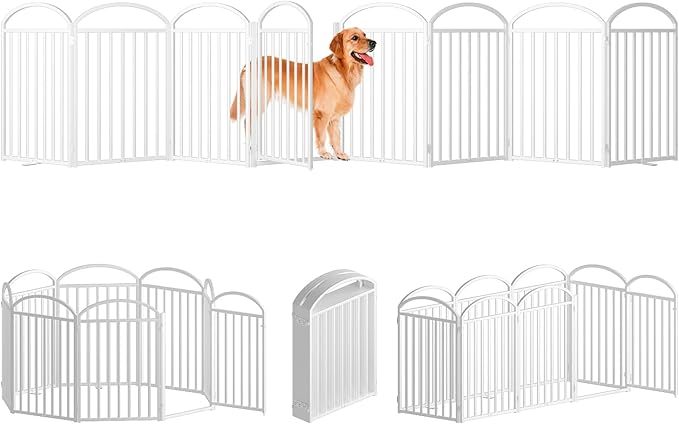 8 Panles Full Matel Freestanding Dog Gates with Door, 192"Extra Wide 32"Tall Free Standing Dog Pet Gate for Indoor & Outdoor. Foldable Pet Fences for Doorways, House, Stairs, Porch, Deck, Yard-PurrikoPets