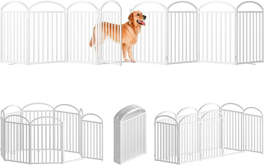 8 Panles Full Matel Freestanding Dog Gates with Door, 192"Extra Wide 32"Tall Free Standing Dog Pet Gate for Indoor & Outdoor. Foldable Pet Fences for Doorways, House, Stairs, Porch, Deck, Yard-PurrikoPets