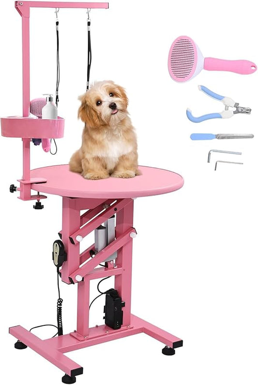 Electric Hydraulic Lift Pet Dog Grooming Table, 24Inch Grooming Desktop for Small Dogs, with Overhead Arm, Wireless Remote, Tool Organizer, Pink-PurrikoPets
