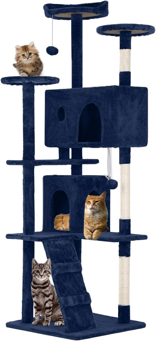 FDW Cat Tree 70in Cat Tower Multi-Level Durable Cat Scratching Post & Cozy Fun Cat Jumping Platform Space Saving Cat Condo Pet Play House for Indoor Cats,Navy Blue-PurrikoPets