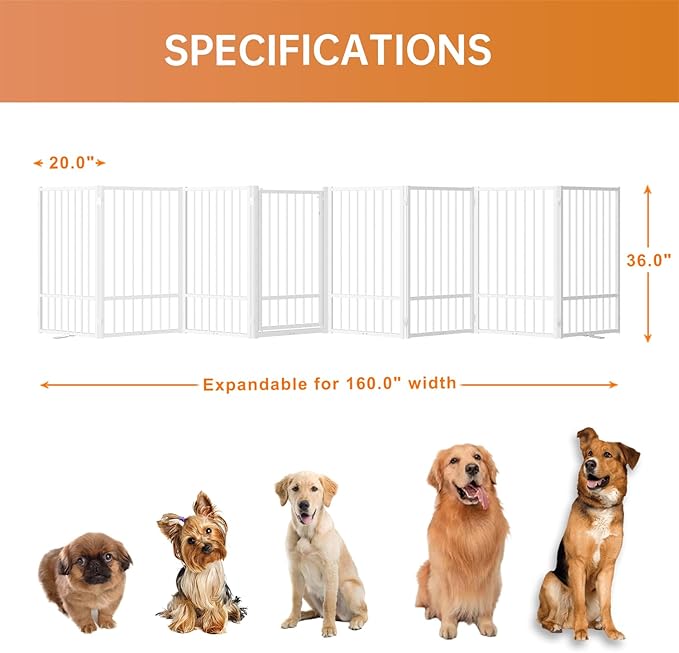 Full Metal Freestanding Dog Gate with Door, 36''Height Foldable Pet Dog Fence for Indoor & Outdoor, 8 Panels Extra Wide Free Standing TallDog Gates for Doorways,House,Stairs,Porch,Deck,Yard-PurrikoPets
