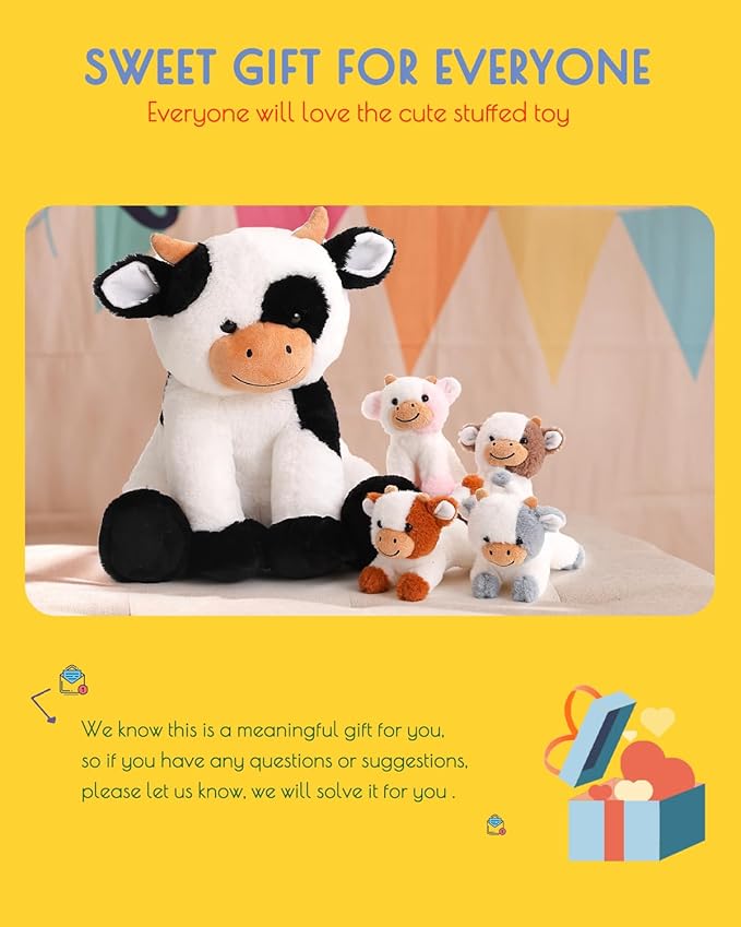 5 Pieces Cow Stuffed Animals for Boys Girls, 1 Mommy Cow with 4 Babies Soft Plush Toy Set Gifts for Kids Children 3 4 5 6 7 8 9 Years, Christmas, Birthday, Party Decorations-PurrikoPets