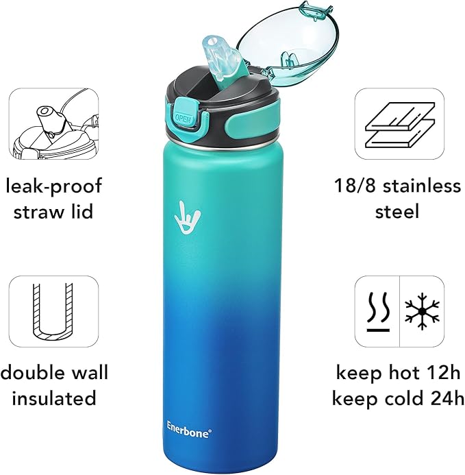 Enerbone 24 oz Insulated Water Bottle, Stainless Steel Bottle with Carrying Strap, Double-Wall Vacuum Insulation Design, Leakproof Sports Bottle with Straw, Keep Drinks Cold or Hot for Hours-PurrikoPets