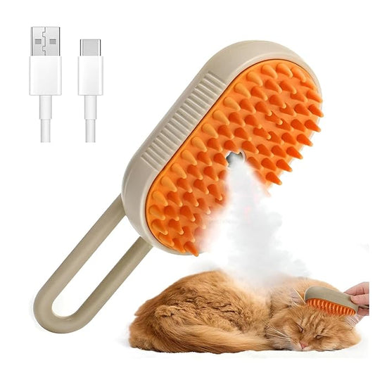4-in-1 Cat Steam Brush for shedding–Self-Cleaning Comb for Long and Short Hair Cats and Dogs, Steam Pet Brush for Hair Removal, Vibrating Message, Grooming & Relaxation (Khaki)-PurrikoPets