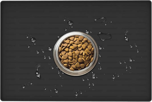 24" x 16" Dog Food Mat, Silicone Pet Mats for Food and Water, Nonslip Pet Feeding Mats for Floors, Dog Cat Bowl Mat with Raised Edges, Black-PurrikoPets