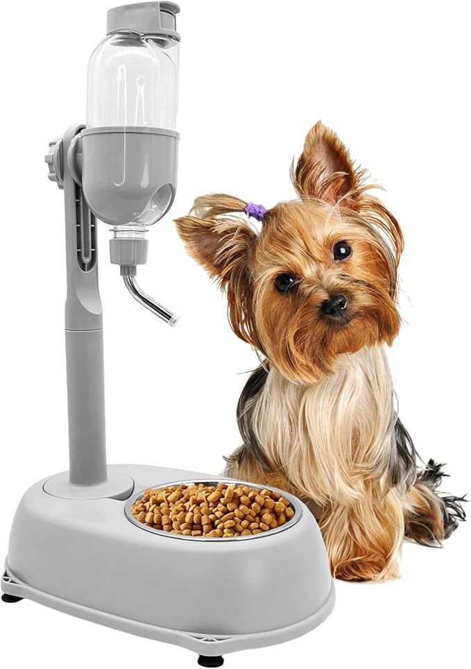 Fhiny Dog Water Feeder Bottle with Stand, Dispenser Automatic Water Food Bowl for Cage Leak-Proof No-Drip Adjustable Raised Pet Slow Water Bottle Dog Kennel Durable Drinker Container-PurrikoPets