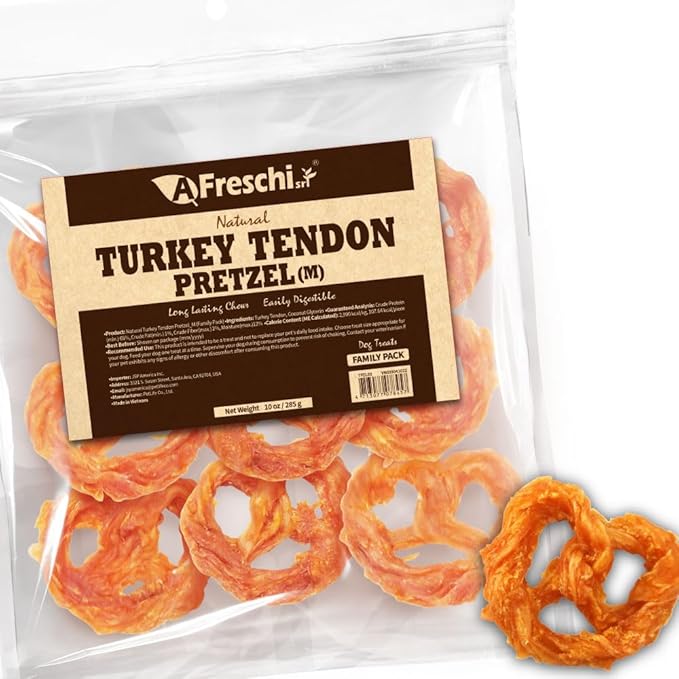 Afreschi Natural Turkey Tendon Pretzel (M) 10 oz, USA-Sourced Turkey Tendon, All Natural Puppy Chew, Hypoallergenic, Rawhide Alternative, for Medium Breeds-PurrikoPets