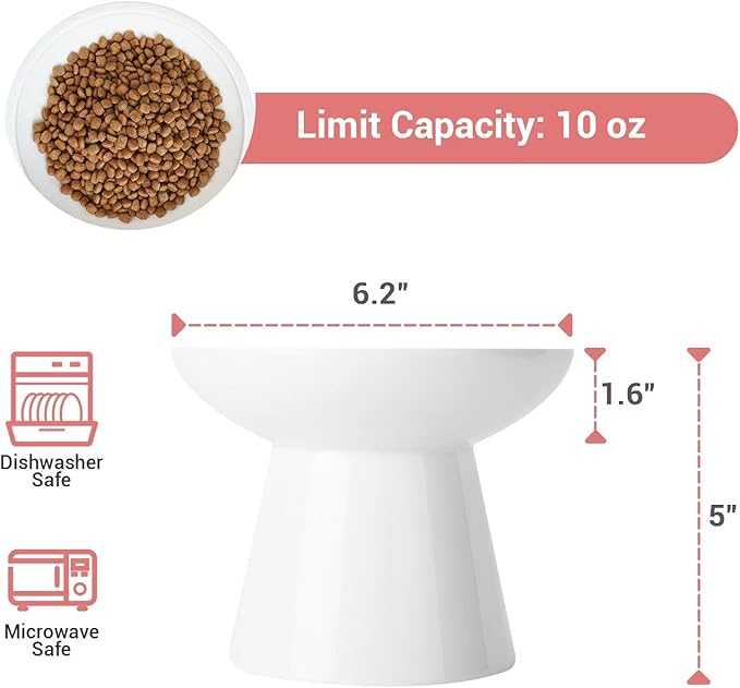 Extra Wide Elevated Ceramic Cat Bowl, 6.2" Shallow Dish for Whisker Fatigue Relief, 5" Height for Easy Feeding, Durable Raised Cat Food Bowls, Pack of 2, White-PurrikoPets