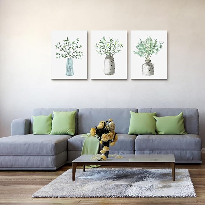 AHUASJART Canvas Wall Art Paintings For Kitchen Dining Room Large Size Wall Decor For Living Room Bedroom Wall Decoration Office Decor Green Leaf Vase Wall Pictures Artwork For Home Walls 3 Piece-PurrikoPets