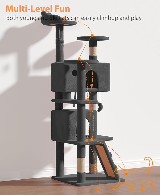 60" Cat Tree Tower for Indoor Cats Large Adult,Cute/Tall Modern Cat Tree for Big Cats 20 lbs, Plush Multi-Level Cat Condo with Scratching Posts,Dangling Ball (Smoky Gray, 60 inch)-PurrikoPets