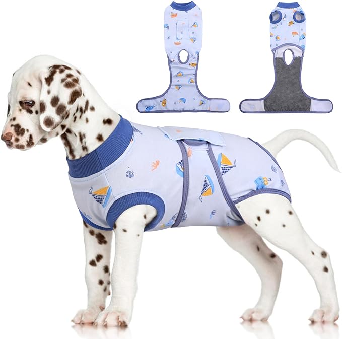 FUAMEY Recovery Suit for Dogs After Surgery,Soft Breathable Dog Bodysuit E-Collar & Cone Alternative Surgical Suit,Male Female Dog Neuter Spay Suits Anti Licking Wounds Onesie Blue Boat XS-PurrikoPets