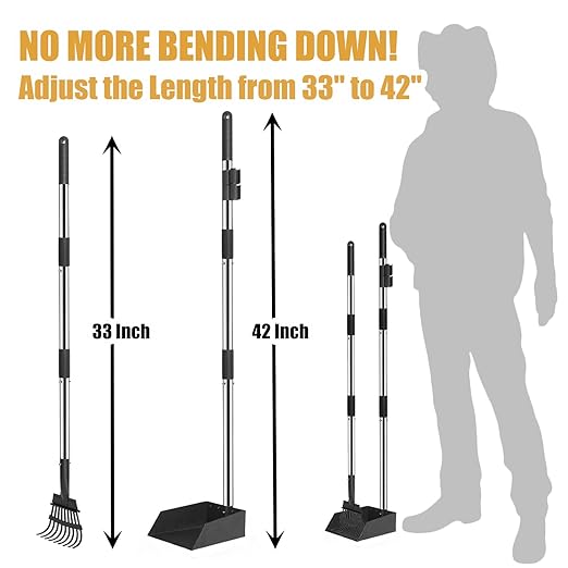 Dog Poop Trash Can Outside Stainless Steel - Metal Pooper Scooper Set - 12L Dog Waste Trash Can Outdoor with Pedal - Backyard, Yard - Removable Inner Bin, Long Handle Tray and Rake - Black and Gold-PurrikoPets