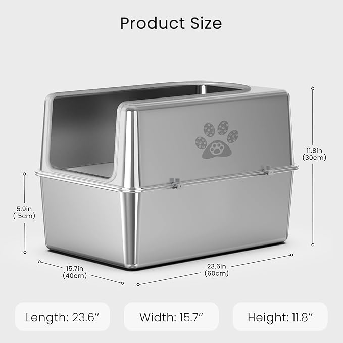 Enclosed Stainless Steel Cat Litter Box with Lid, Metal Litter Box for Big Cats, Extra Large Cat Toilet with High Side, Non-Stick, Anti-Leakage, Odorless, with Cats Litter Mat & Litter Scoop-PurrikoPets