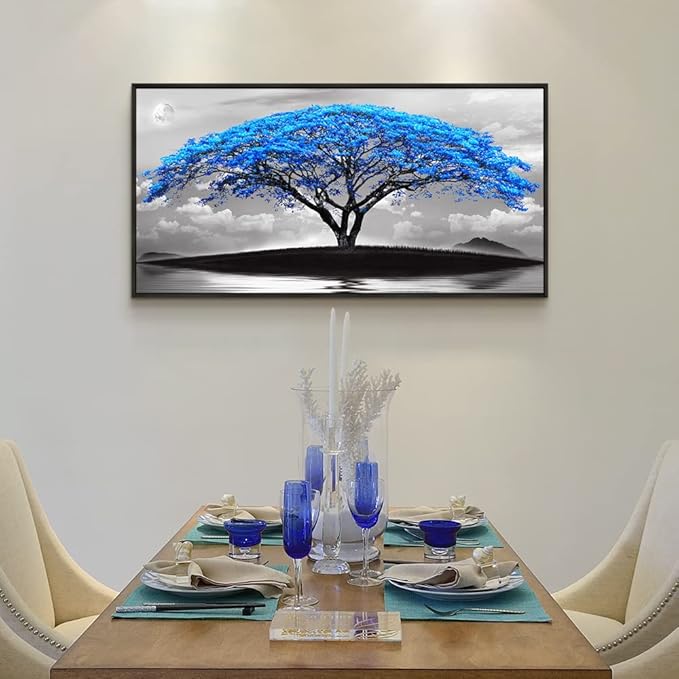 Framed Canvas Wall Art For Office Large Size Living Room Wall Decor Bedroom Decor Wall Pictures Artwork Black And White Landscape Blue Tree Moon Wall Painting Home Decorations Black Frame 24" X 48"-PurrikoPets