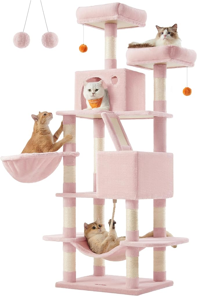 Feandrea Cat Tree, 66.1-Inch Large Cat Tower with 13 Scratching Posts, 2 Perches, 2 Caves, Basket, Hammock, Pompoms, Multi-Level Plush Cat Condo for Indoor Cats, Jelly Pink UPCT165P01-PurrikoPets