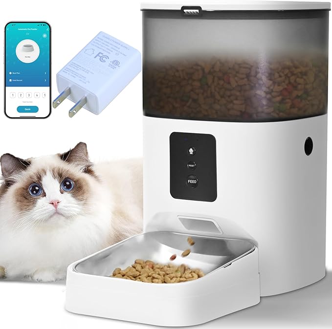 2.4G WiFi Automatic Cat Feeder, 4L Food Dispenser with 10s Voice Recorder, Pet Feeder up to 10 Meals per Day, Timed Cat Feeder with Dry Food Sealed Ring (White, 4L-WiFi)-PurrikoPets