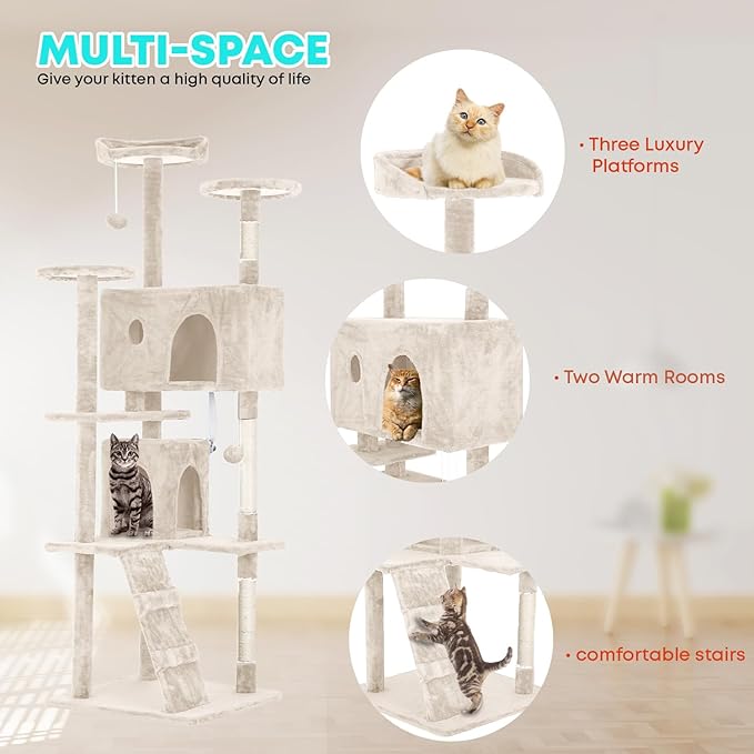 FDW Cat Tree 70in Cat Tower Multi-Level Durable Cat Scratching Post & Cozy Fun Cat Jumping Platform Space Saving Cat Condo Pet Play House for Indoor Cats,Beige-PurrikoPets