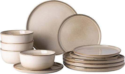 GBHOME Ceramic Dinnerware Sets for 4, 12 Pieces Stoneware Plates and Bowls Sets, Scratch Resistant Dishes, Dishwasher & Microwave Safe, Reactive Glaze-Cappuccino-PurrikoPets