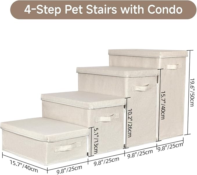 Dog Stairs with Storage, 4-Step Folding Pet Steps for Small Dogs and Cats, Pet Steps Storage with Zip, Pet Stairs for High Bed, Couch and Car Ramp (Beige, 4 Steps no Condo)-PurrikoPets