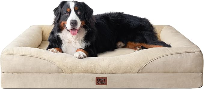 EHEYCIGA Memory Foam XXL Dog Bed for XLarge Sized, Extra Large Orthopedic Dog Sofa with Sides and Waterproof Liner, Washable Bolster Pet Couch with Removable Cover, 52x41x8 Inch, Beige-PurrikoPets